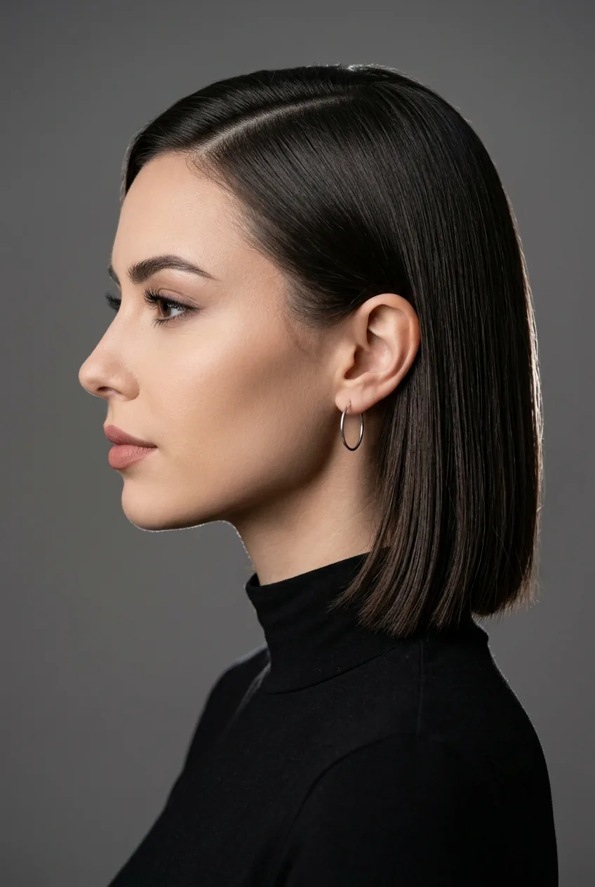 Woman with sleek straight short hair showing deep side part styling