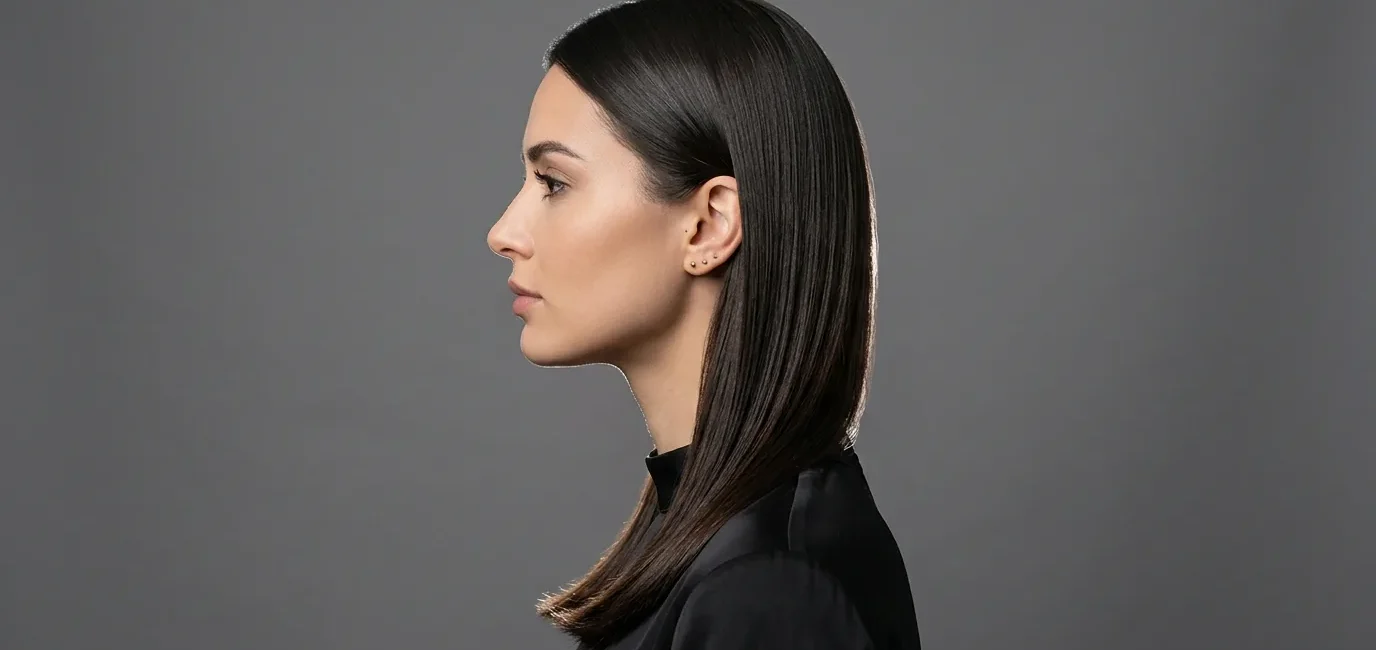 Woman with sleek straight hair showing smooth texture in professional studio lighting
