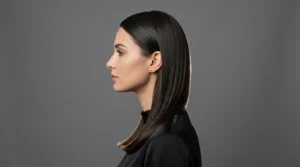 Woman with sleek straight hair showing smooth texture in professional studio lighting
