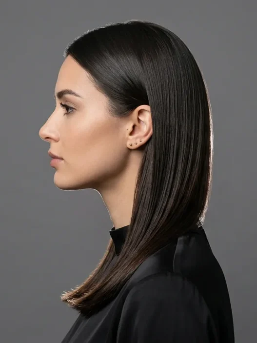 Woman with sleek straight hair showing smooth texture in professional studio lighting