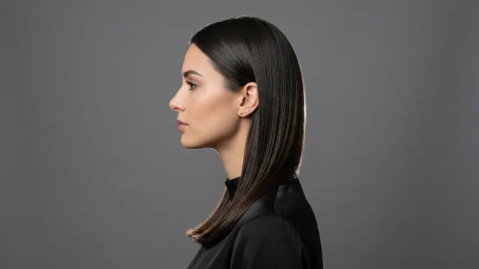 Woman with sleek straight hair showing smooth texture in professional studio lighting