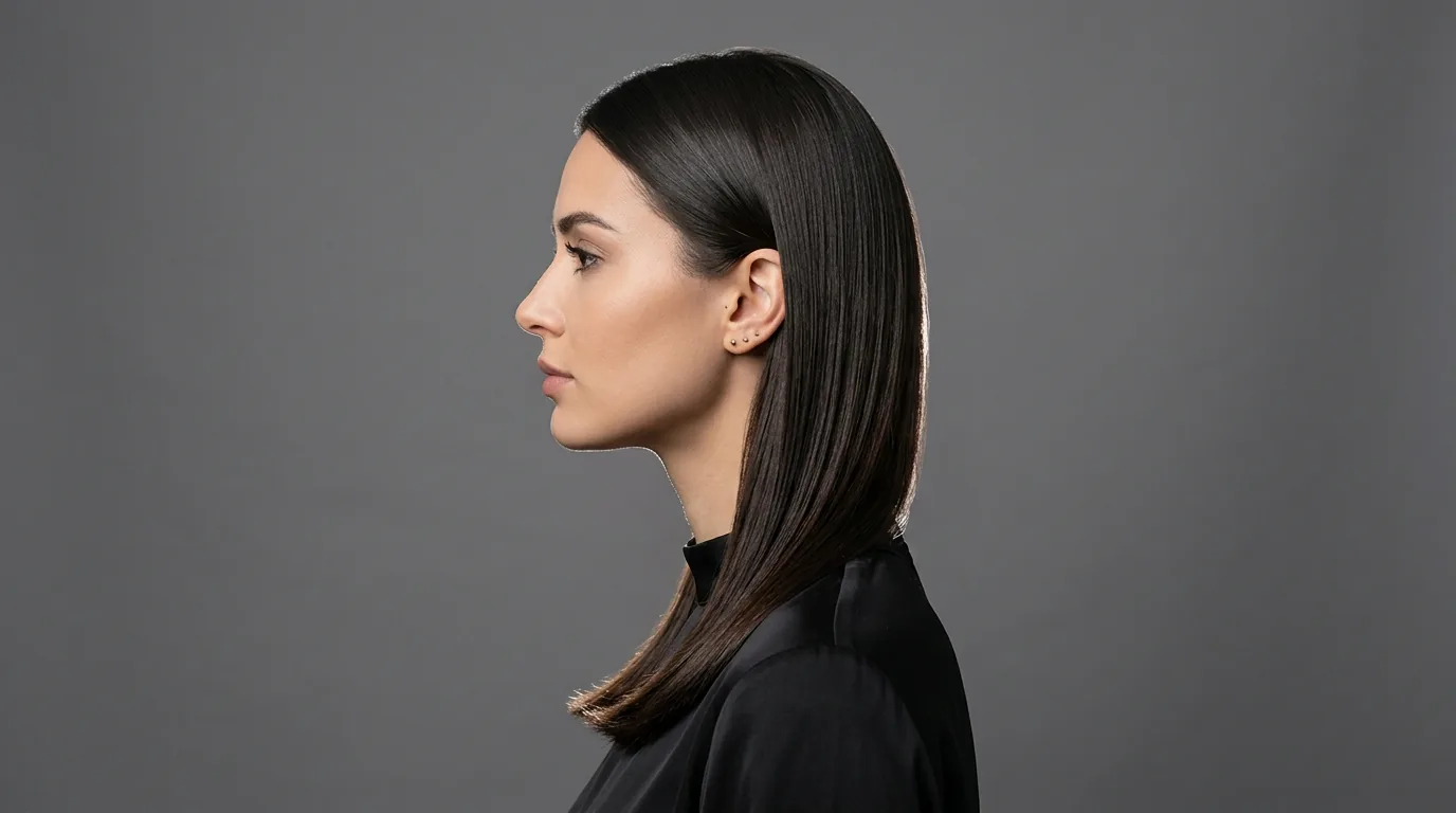 Woman with sleek straight hair showing smooth texture in professional studio lighting