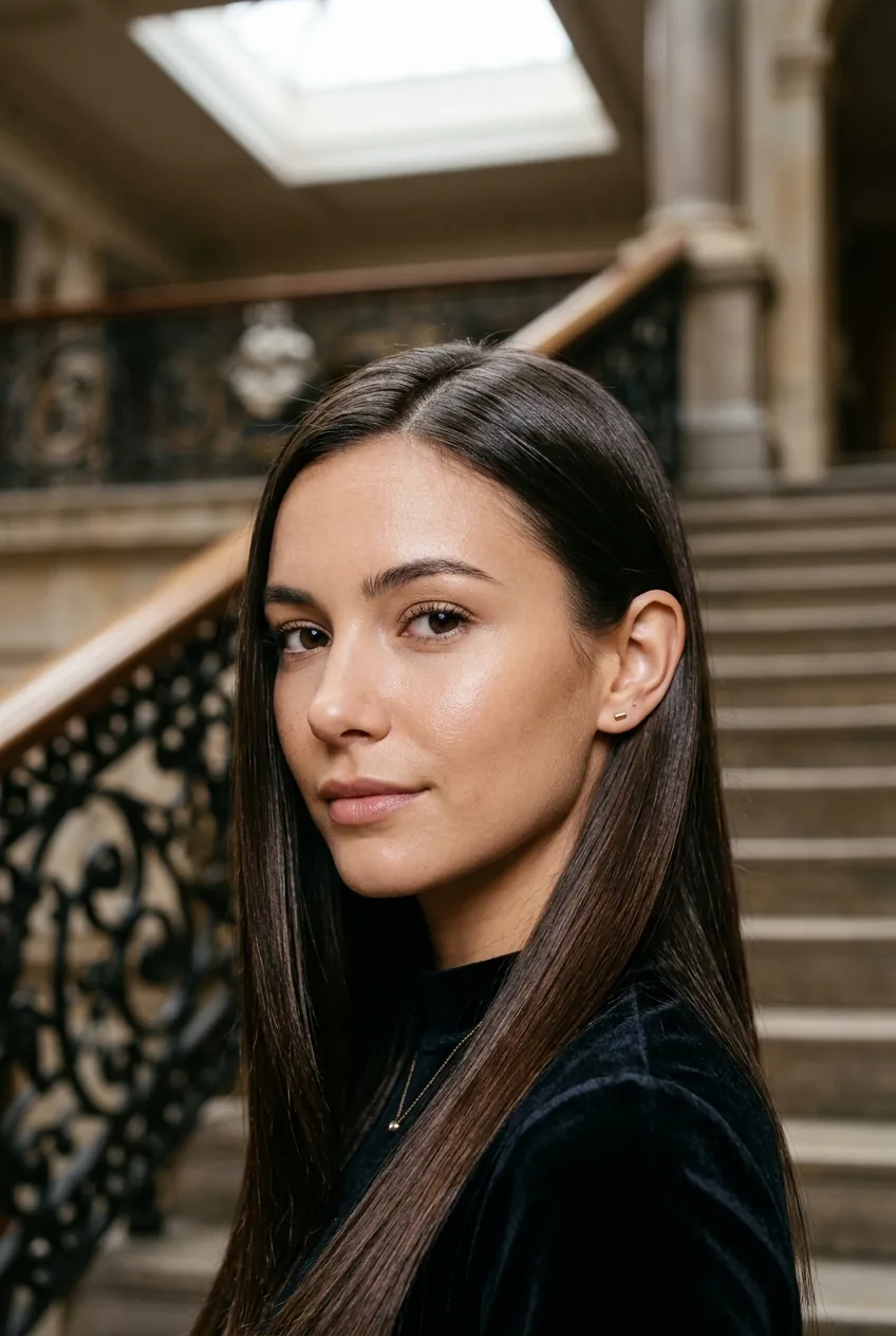 Woman with perfectly straight hair and off-center part tucked behind one ear