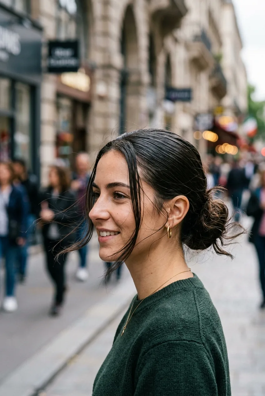Woman with slicked-back low bun featuring strategically placed face-framing pieces