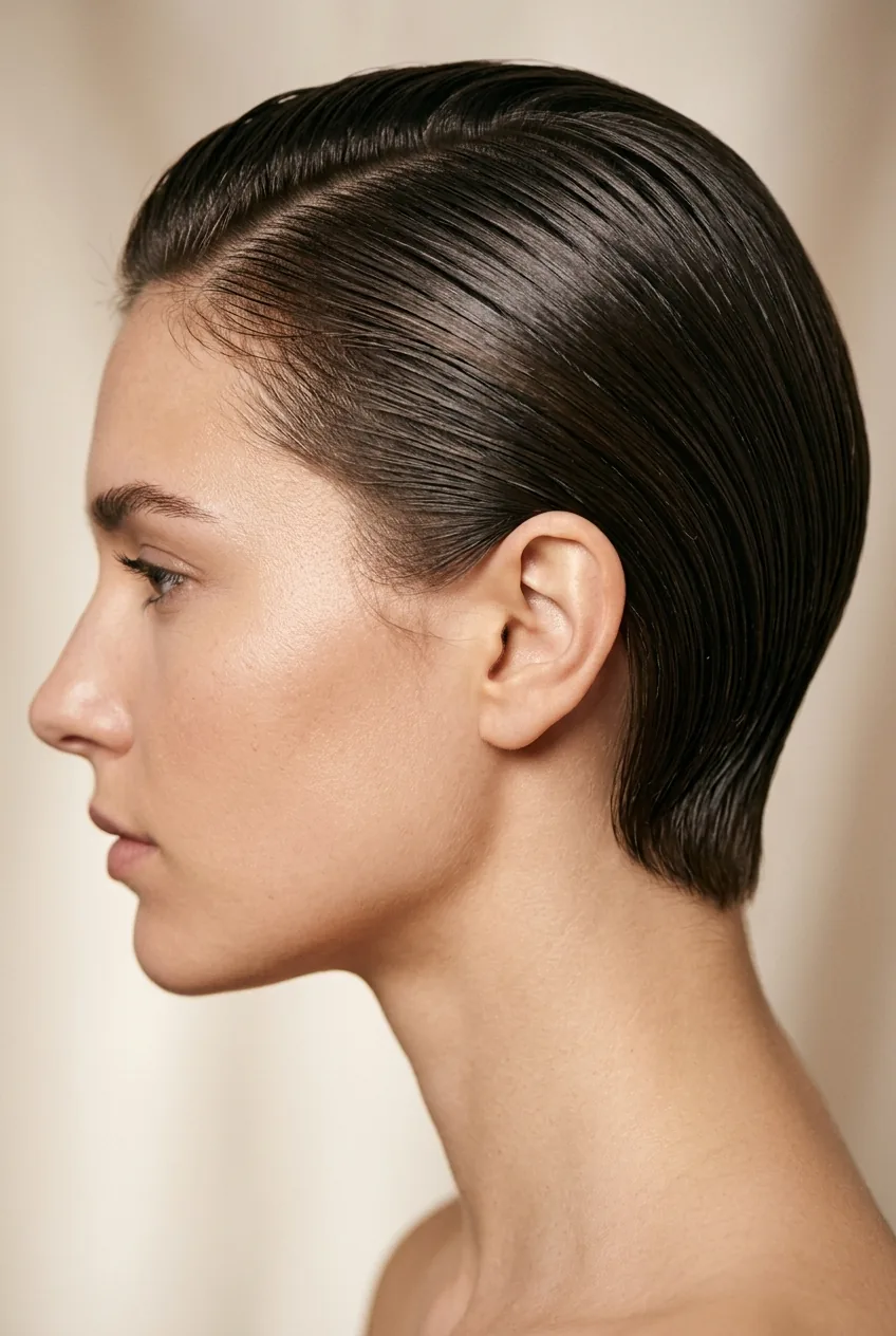 Sleek short hair styled slicked back showing glossy wet-look texture and dimension