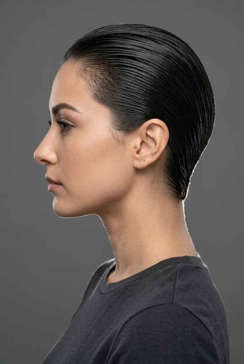 Woman with modern slicked back hair using strong hold gel styling