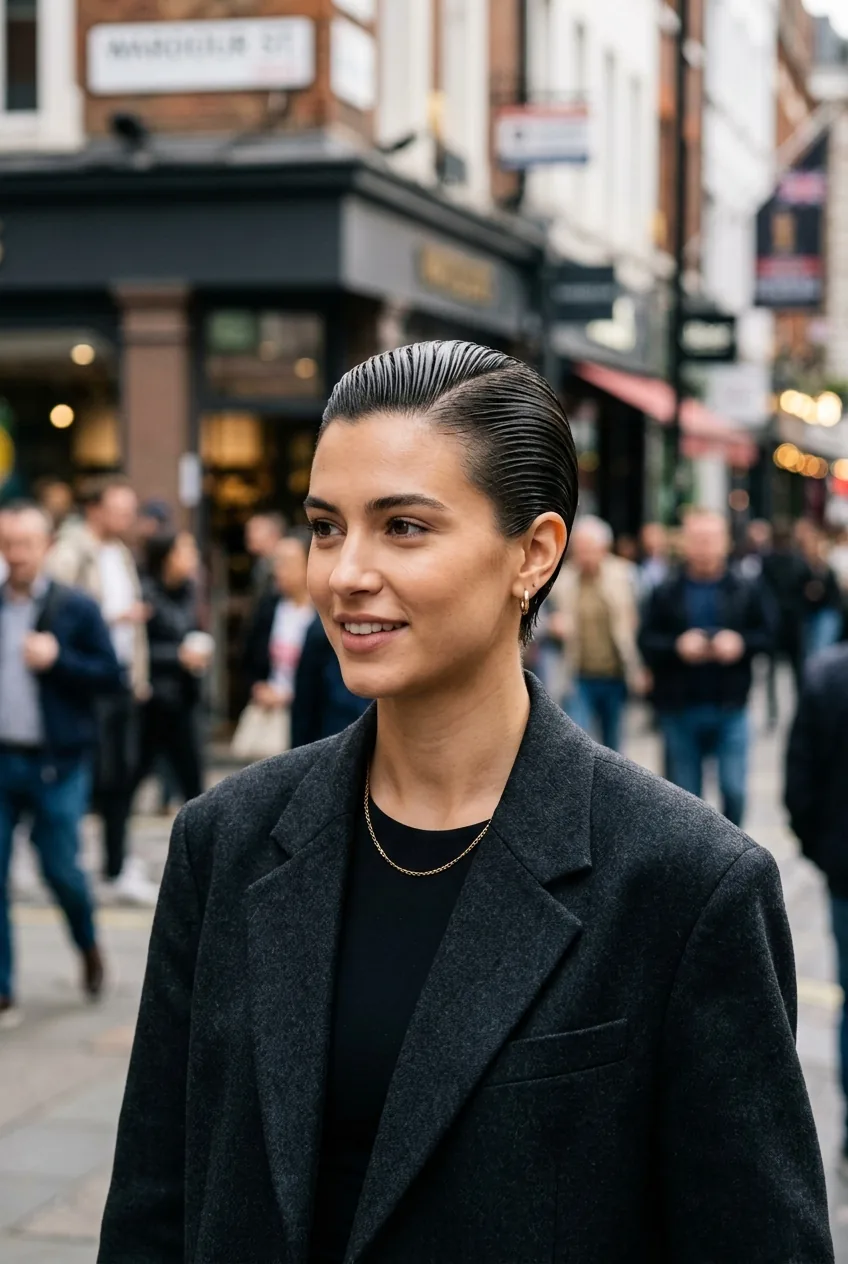 Woman with slicked back hairstyle showing smooth sleek finish