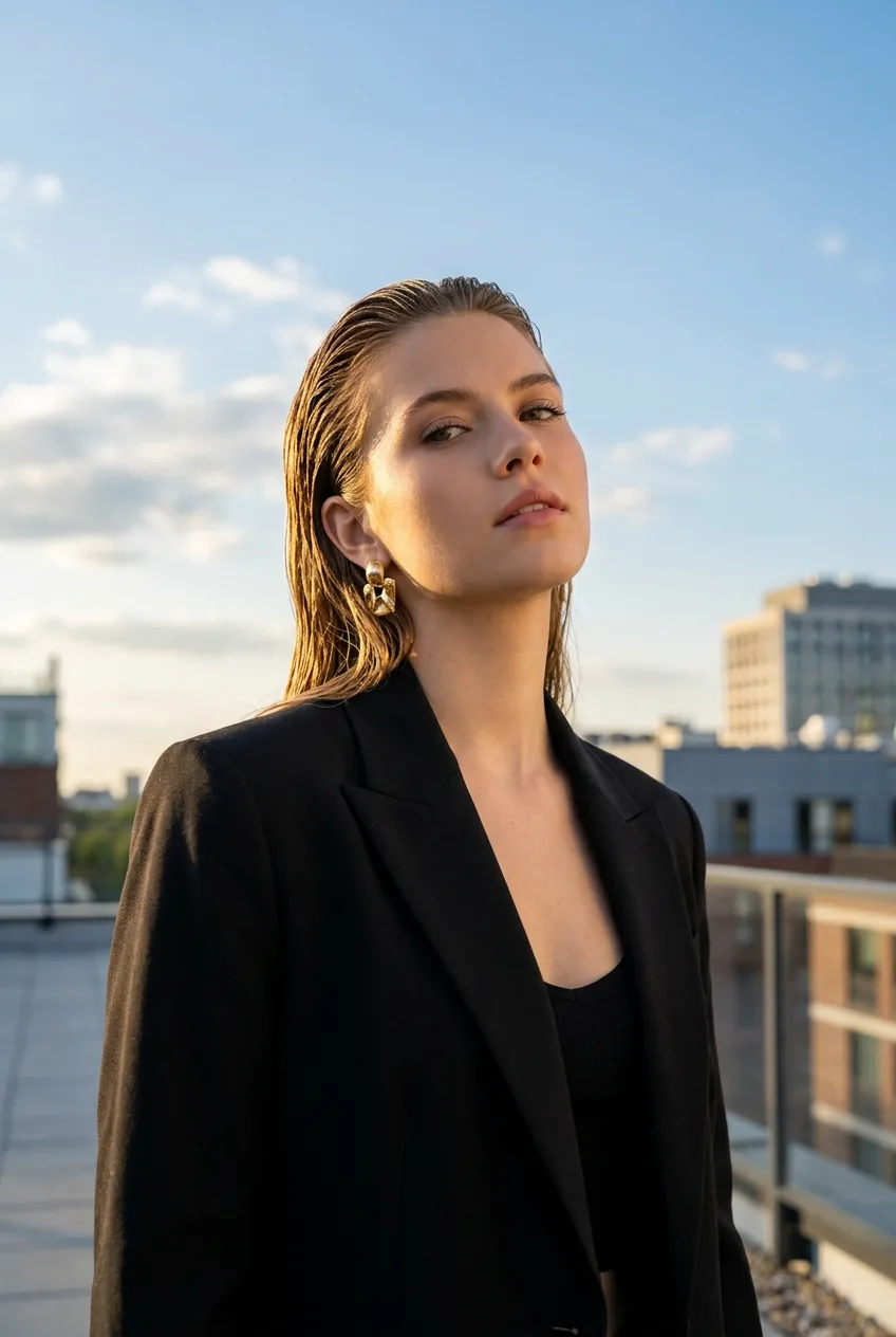 Woman with slicked-back wet look hairstyle reflecting golden light