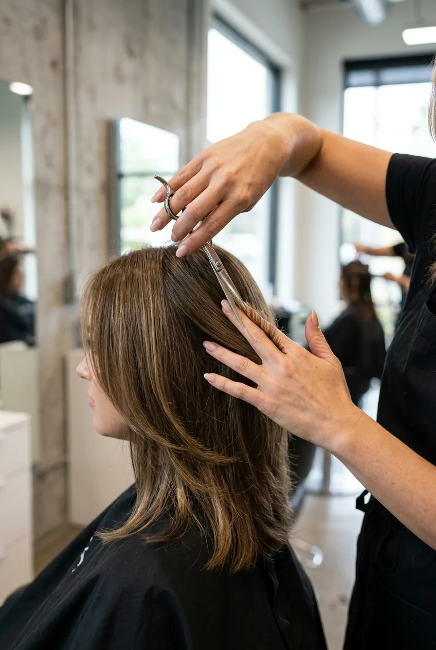 Slide cutting technique demonstration on layered hair using professional shears for seamless section blending