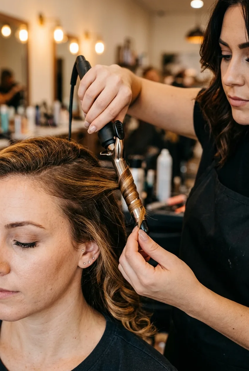 Detail shot of small barrel curling iron creating tight spirals in face-framing pieces