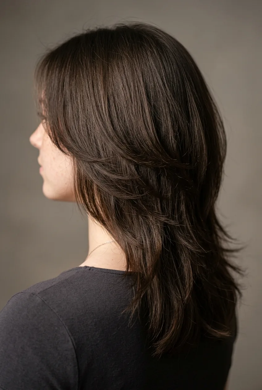 Close-up of butterfly haircut back showing smooth blended layers and proper weight distribution
