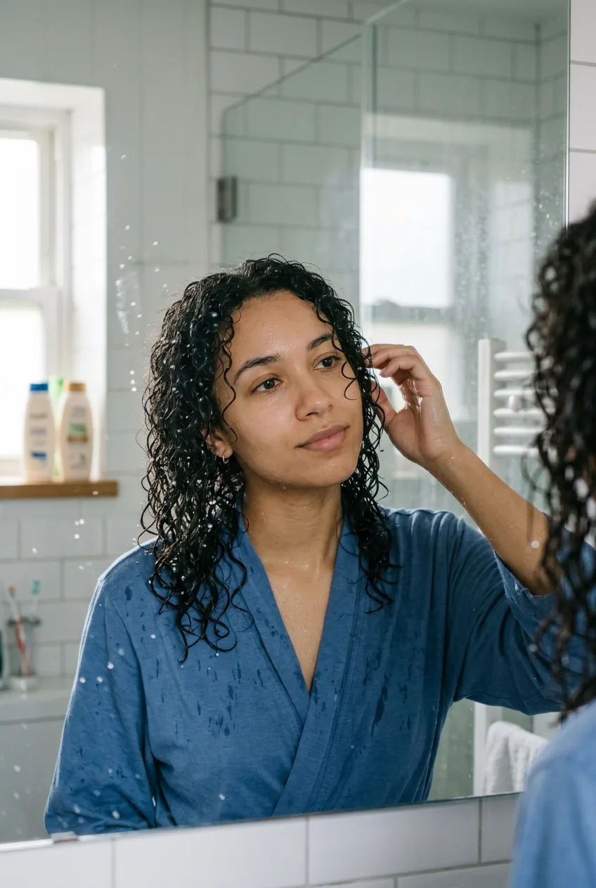 Woman with thin curly hair completely soaking wet with visible water droplets after washing