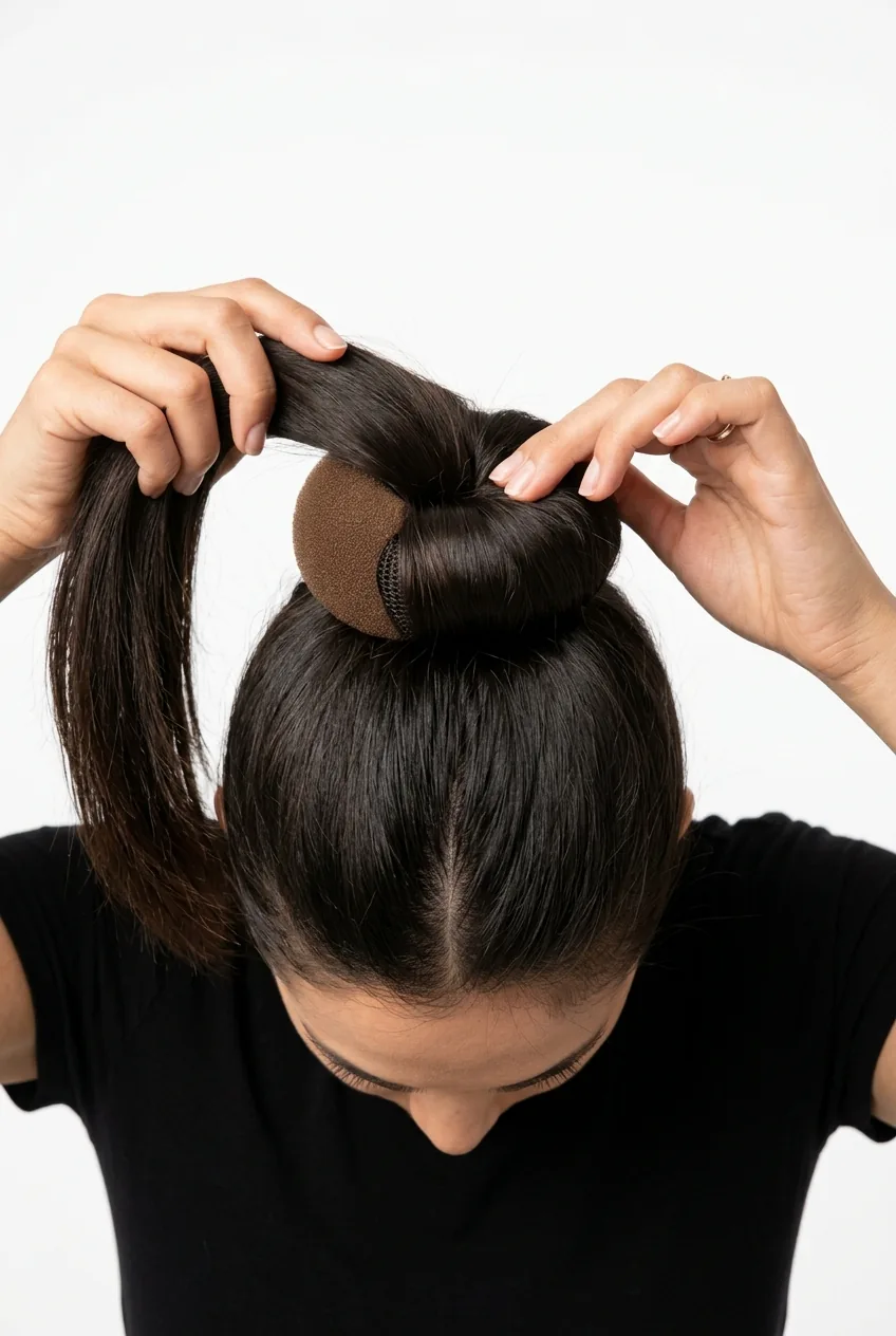Sock bun method demonstration with foam donut underneath spread hair from overhead angle