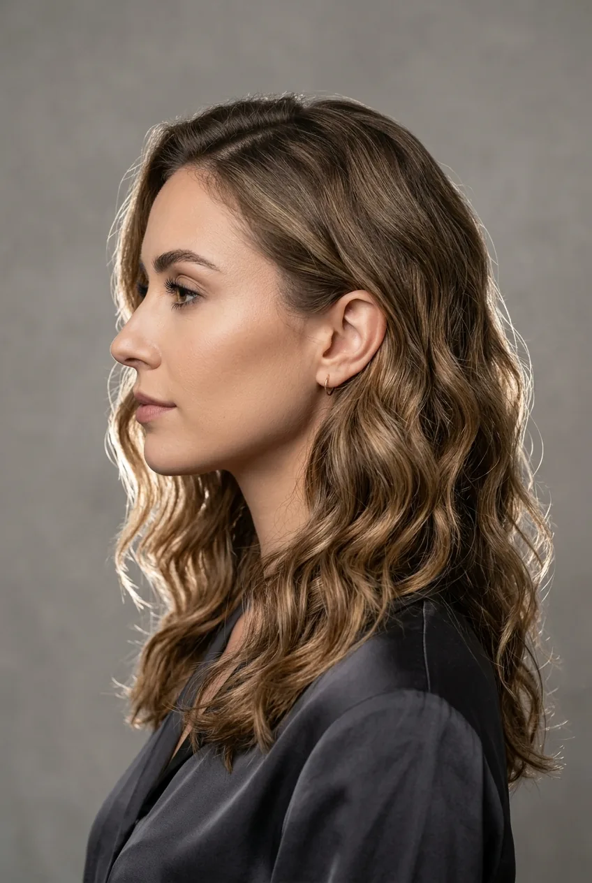 Woman with soft beach waves in medium-length hair captured in side profile studio lighting