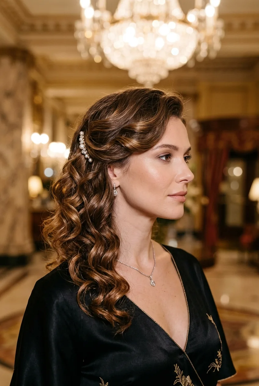 Soft curls pinned asymmetrically to one side creating understated elegant look