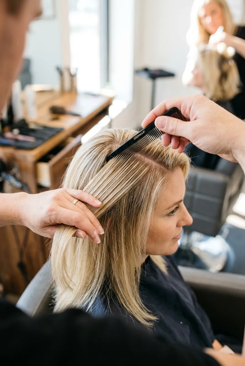 Close-up of fine-tooth comb creating soft diagonal part on blonde hair with professional technique