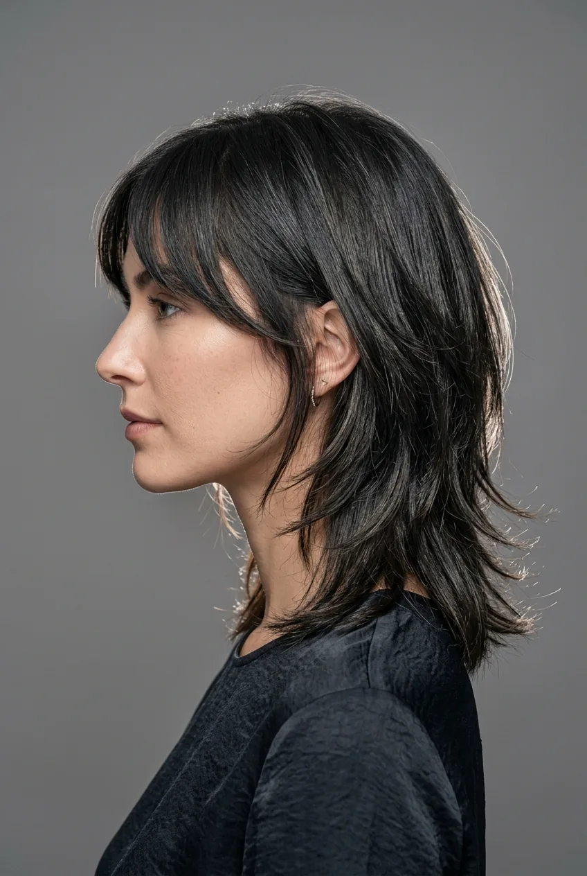 Woman with soft graduated shag haircut showing natural cascade in editorial photography