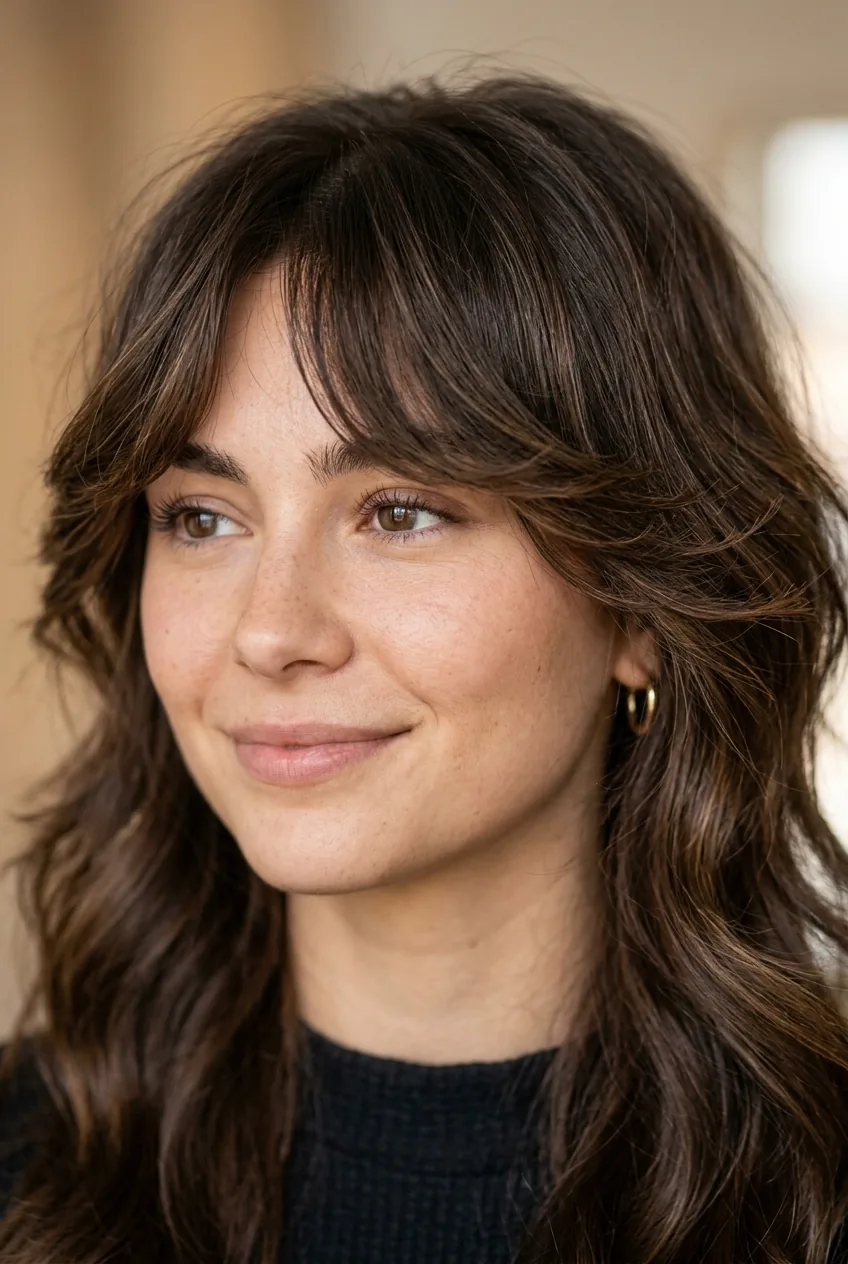 Portrait showing natural movement and texture of butterfly bangs in studio lighting