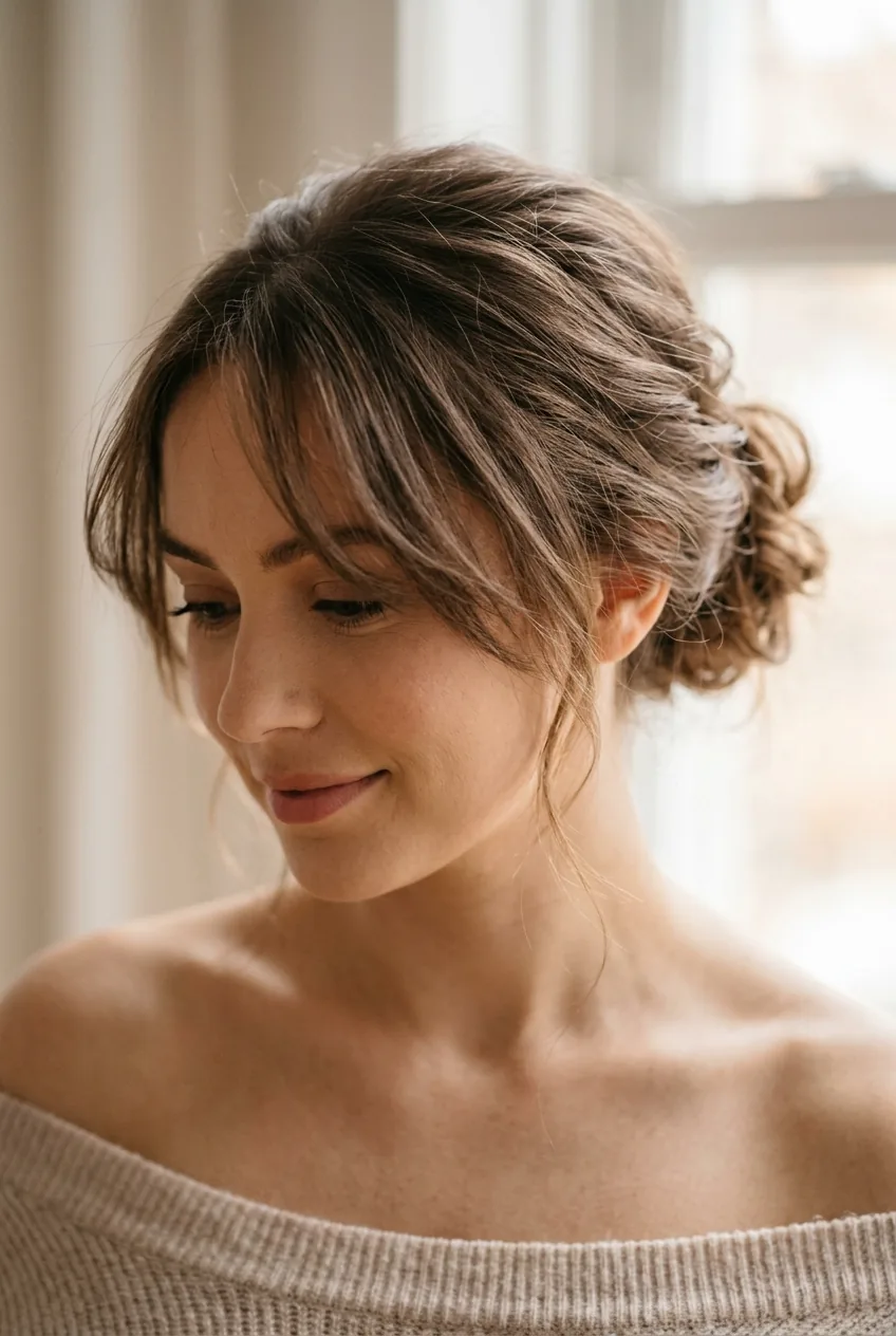Soft updo with wispy face-framing pieces on medium hair showing effortless elegance