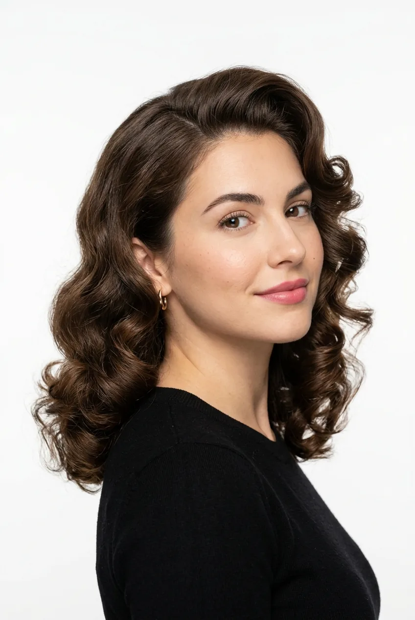 Woman with soft vintage curls showing 1940s inspired styling with volume and movement
