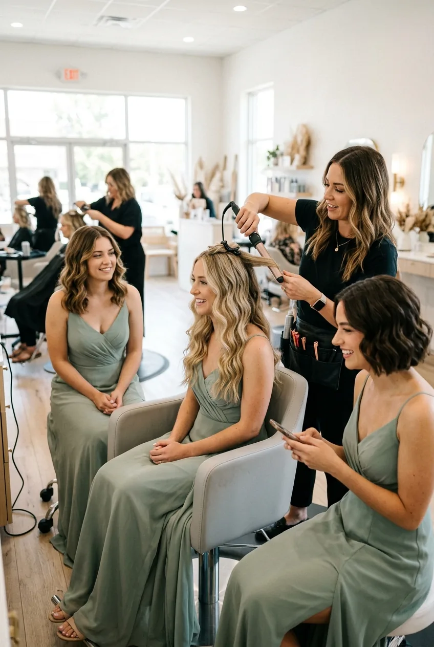 Soft wave texture styling being applied to different bridesmaid cut lengths