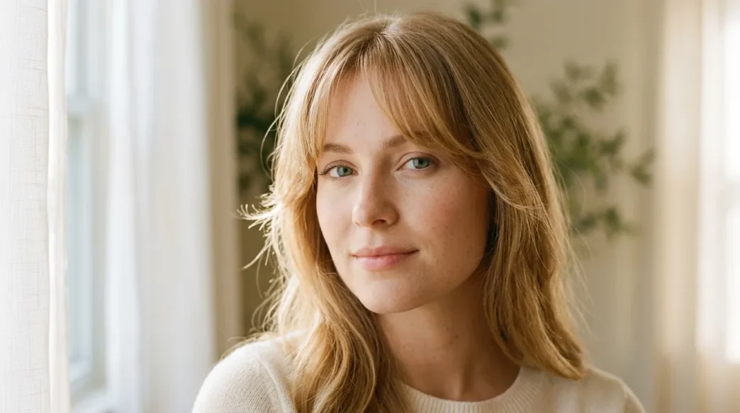 Woman with soft wispy curtain bangs framing her face in natural window light