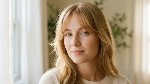 Woman with soft wispy curtain bangs framing her face in natural window light