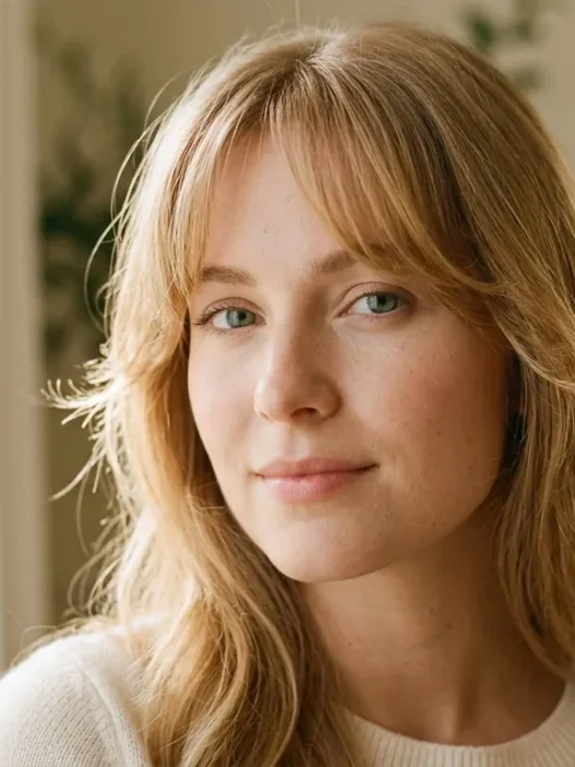 Woman with soft wispy curtain bangs framing her face in natural window light