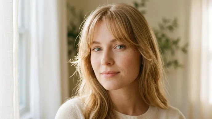 Woman with soft wispy curtain bangs framing her face in natural window light