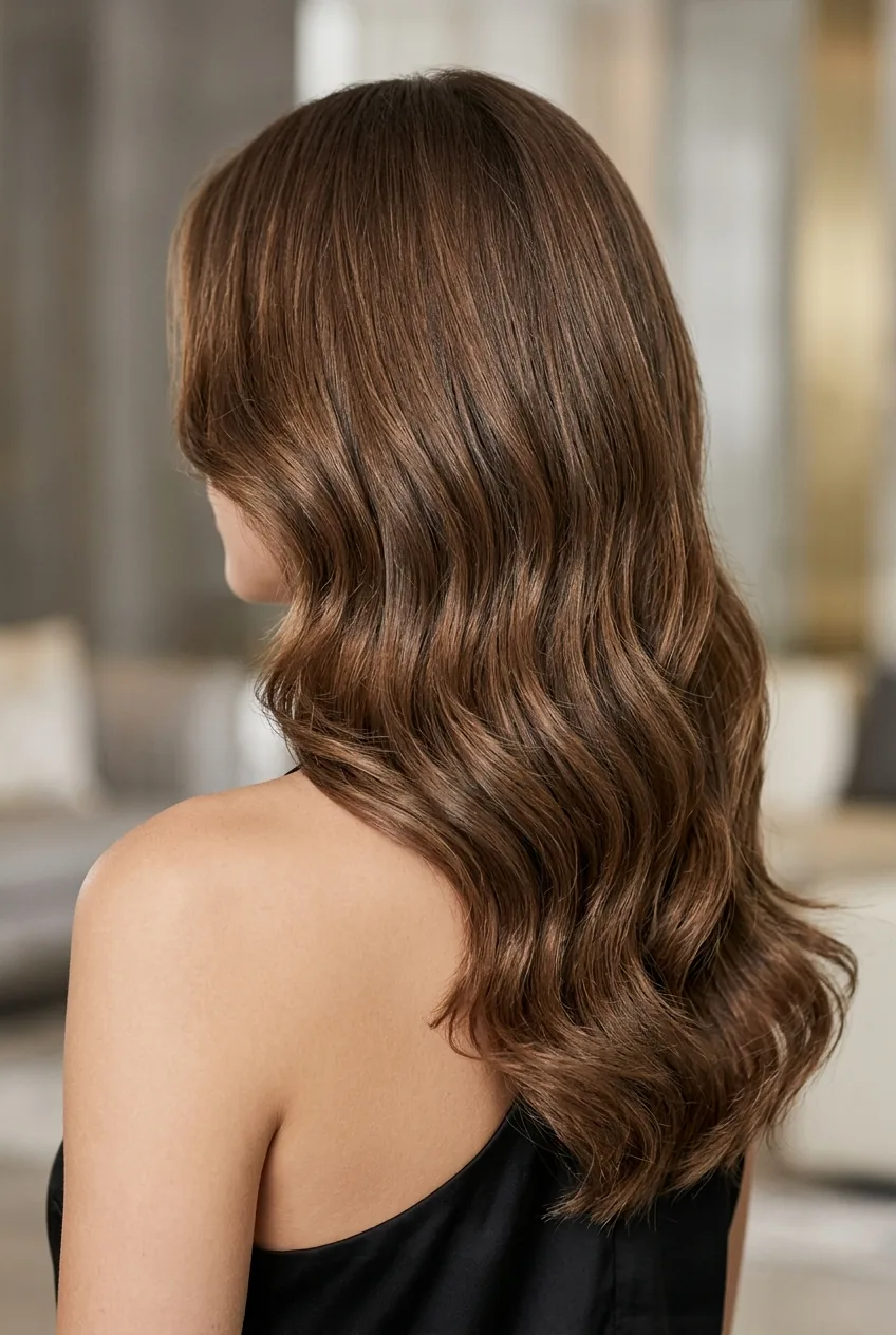 Sophisticated long waves with subtle asymmetrical layering displaying polished professional styling