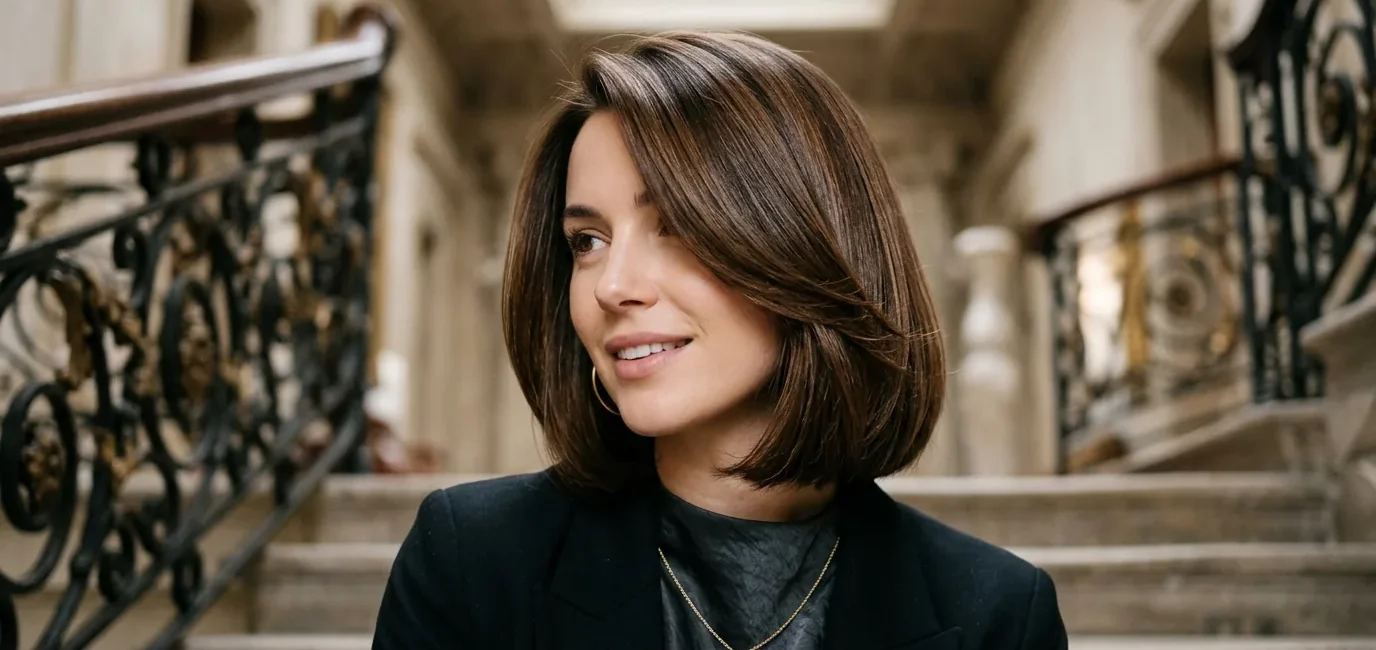 Woman with sophisticated bob haircut showing smooth texture and rich brunette color on grand staircase