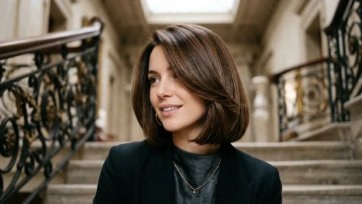 Woman with sophisticated bob haircut showing smooth texture and rich brunette color on grand staircase
