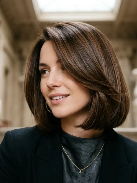 Woman with sophisticated bob haircut showing smooth texture and rich brunette color on grand staircase