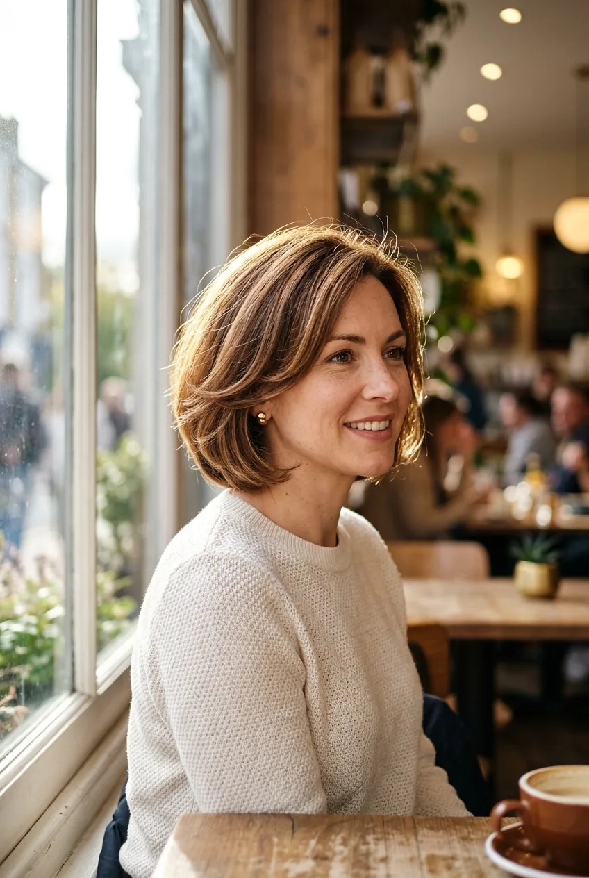 Woman with sophisticated faux bob tuck creating the illusion of shorter hair length