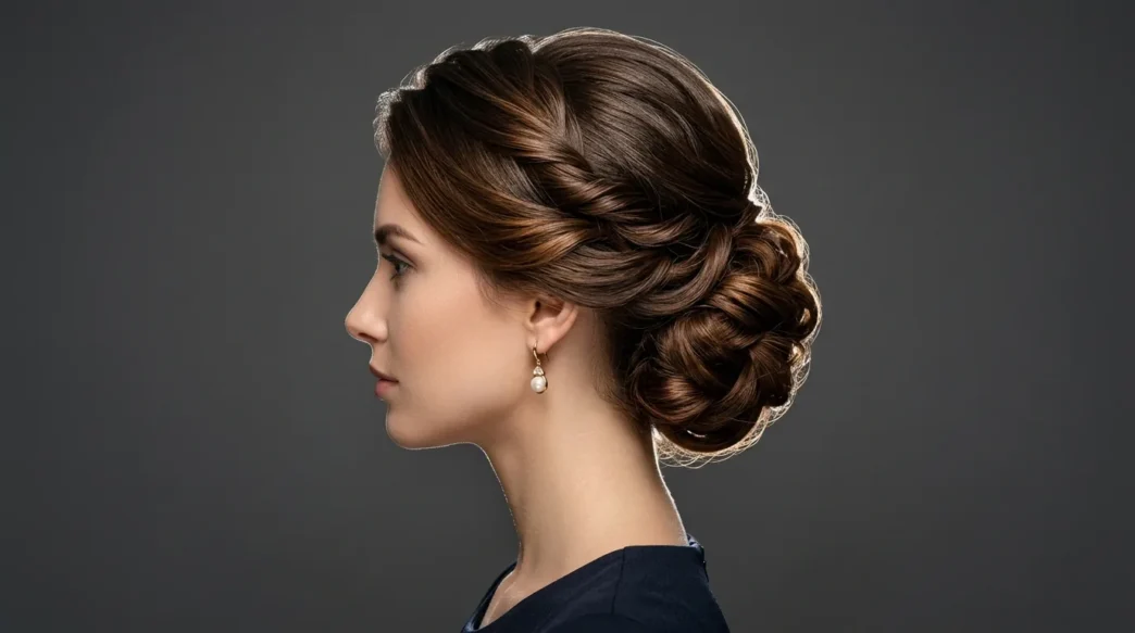 Woman with sophisticated formal updo showing polished styling from side profile view