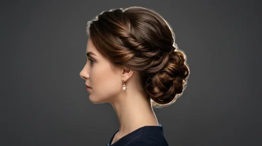 Woman with sophisticated formal updo showing polished styling from side profile view