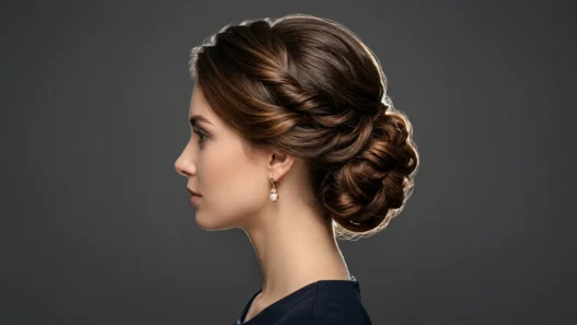 Woman with sophisticated formal updo showing polished styling from side profile view