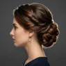 Woman with sophisticated formal updo showing polished styling from side profile view