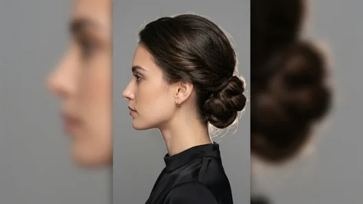 Woman with sophisticated low bun formal updo showing elegant side profile styling