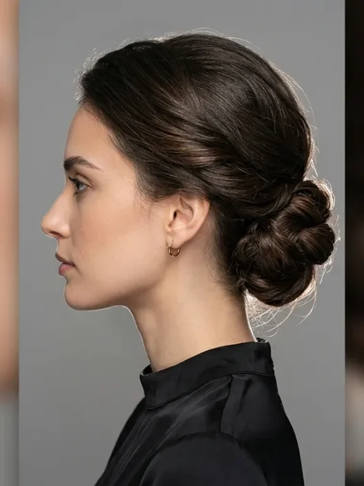 Woman with sophisticated low bun formal updo showing elegant side profile styling