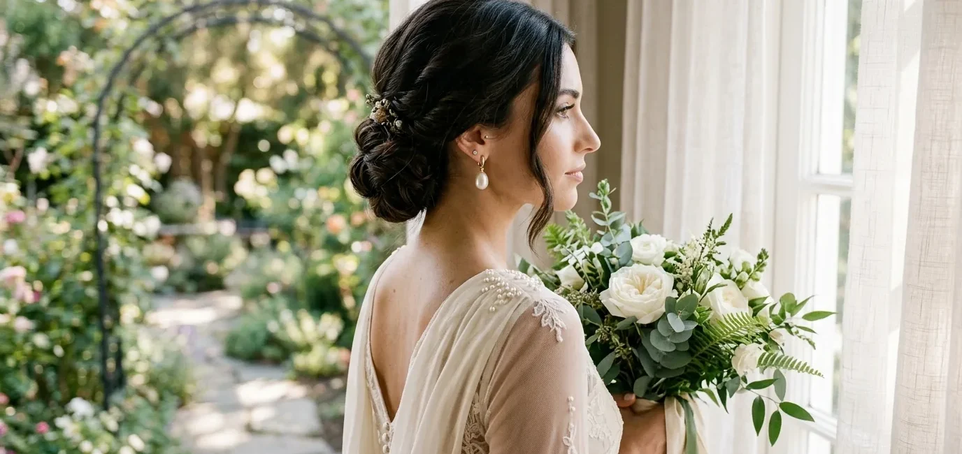 Bride with long dark hair in sophisticated low chignon showing three-quarter profile with pearl earrings