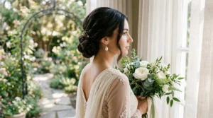 Bride with long dark hair in sophisticated low chignon showing three-quarter profile with pearl earrings
