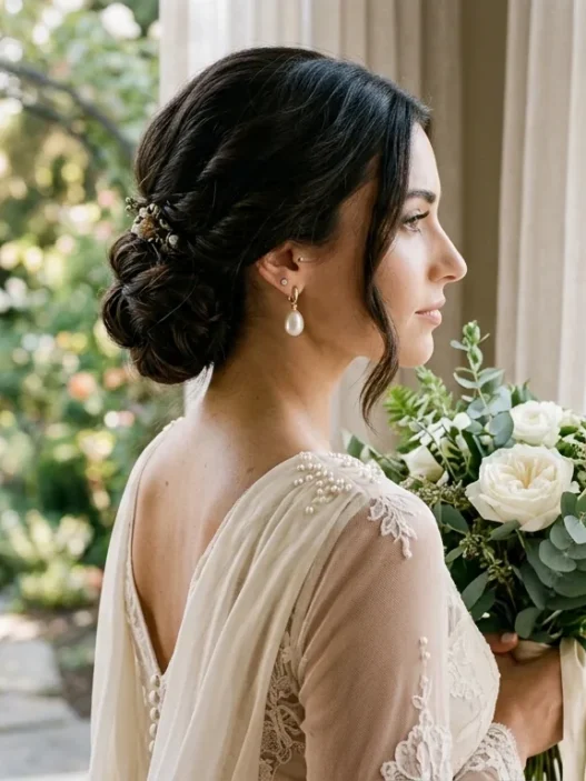 Bride with long dark hair in sophisticated low chignon showing three-quarter profile with pearl earrings