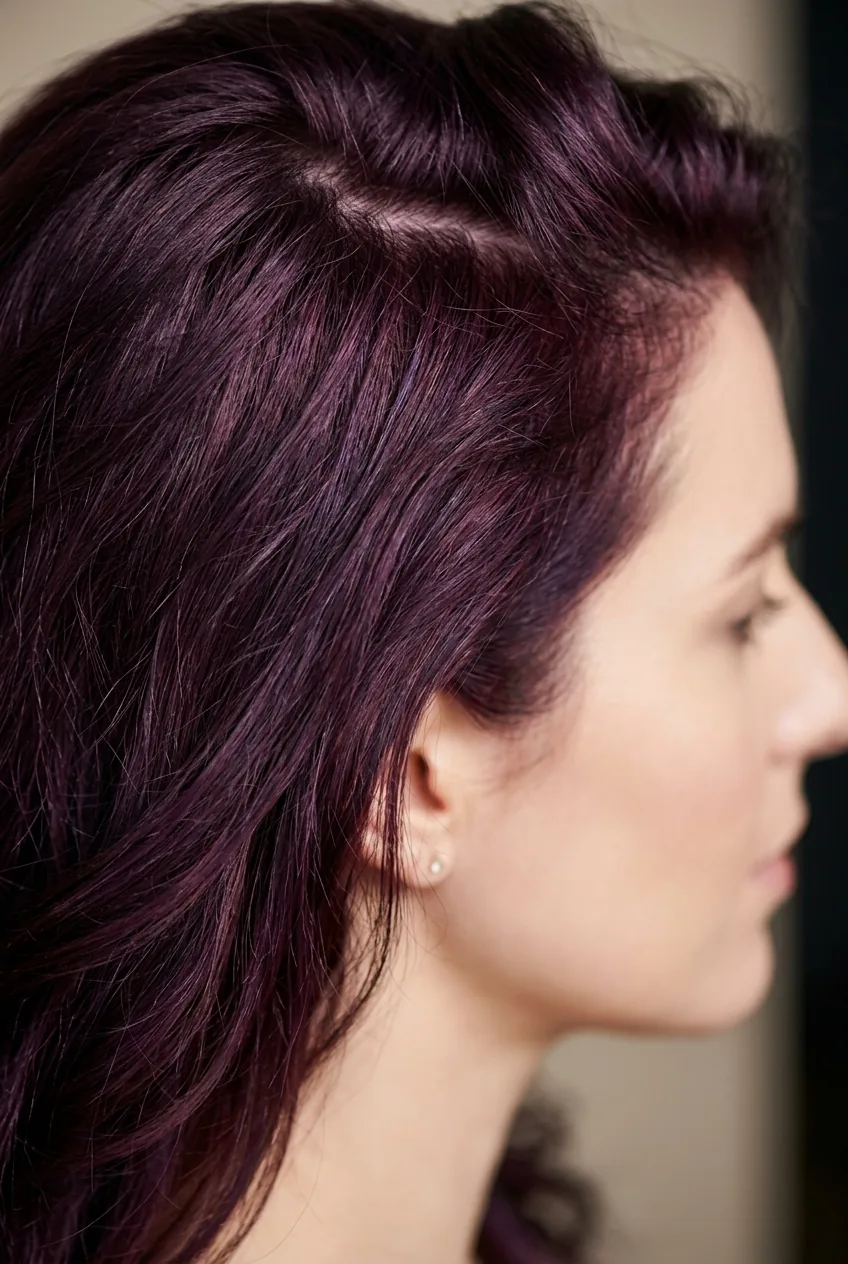 Sophisticated plum-toned hair color with purple undertones in professional studio photography