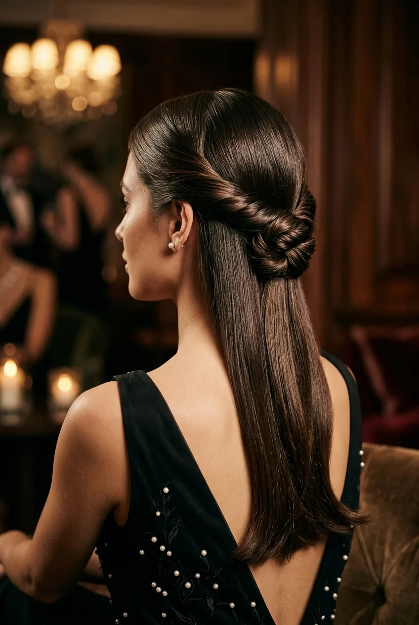 Sophisticated twisted half up hairstyle with polished low twist and glossy straight sections