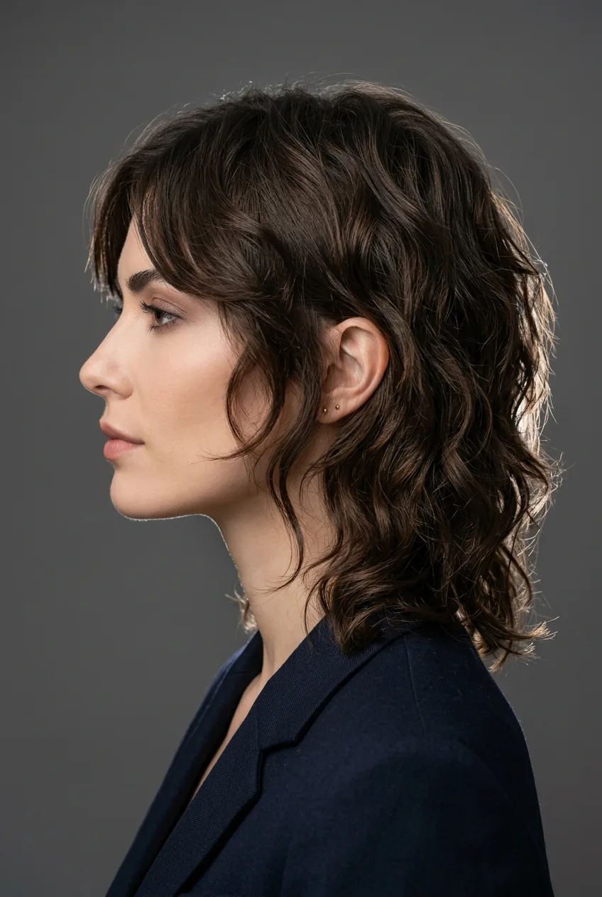 Woman with sophisticated shag haircut showing controlled professional texture