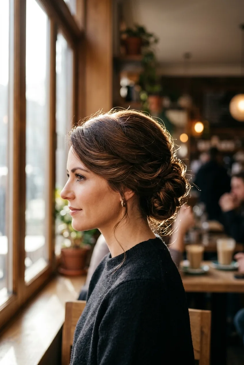 Woman wearing sophisticated twisted updo with elegant side part and complex pinning technique