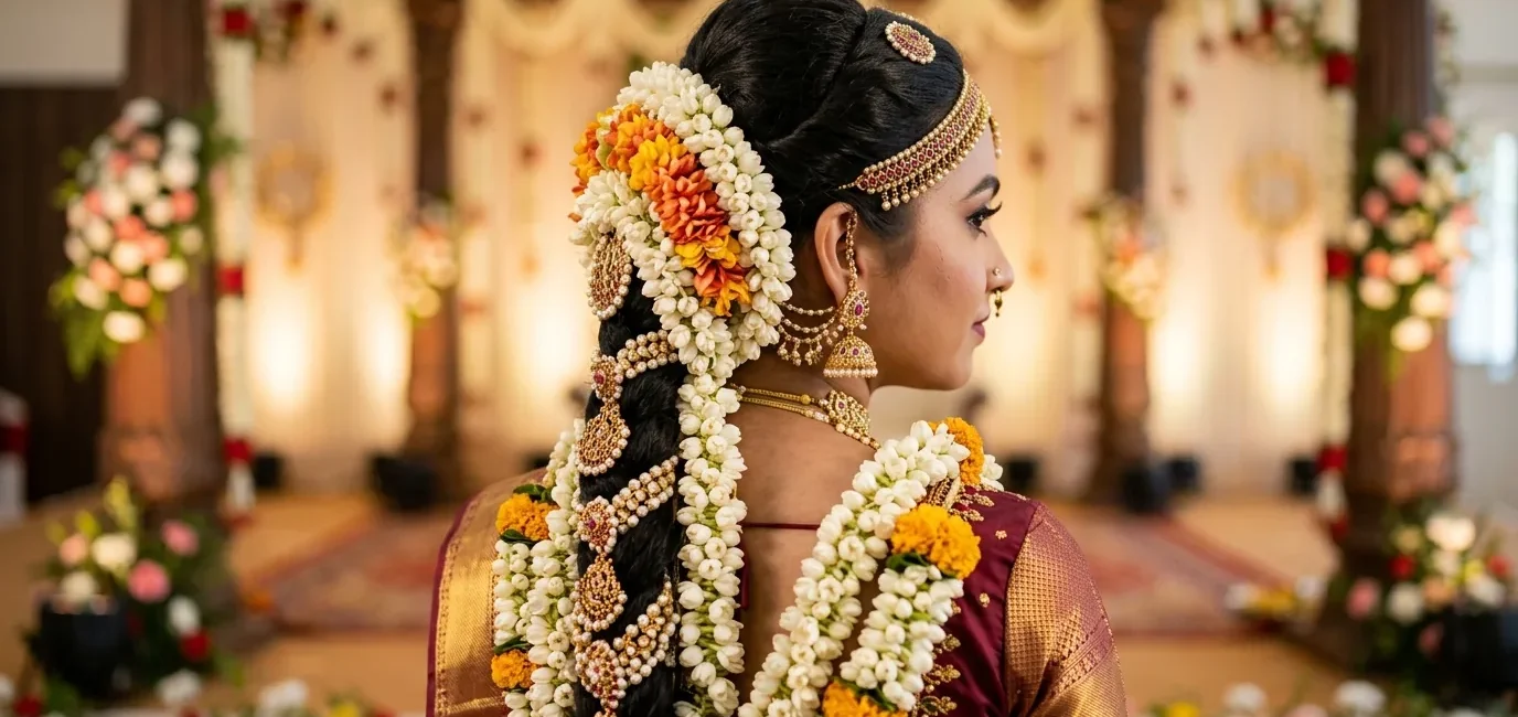 South Indian bride with elaborate braided hairstyle featuring jasmine flowers in three-quarter profile view
