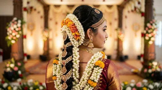 South Indian bride with elaborate braided hairstyle featuring jasmine flowers in three-quarter profile view