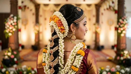 South Indian bride with elaborate braided hairstyle featuring jasmine flowers in three-quarter profile view